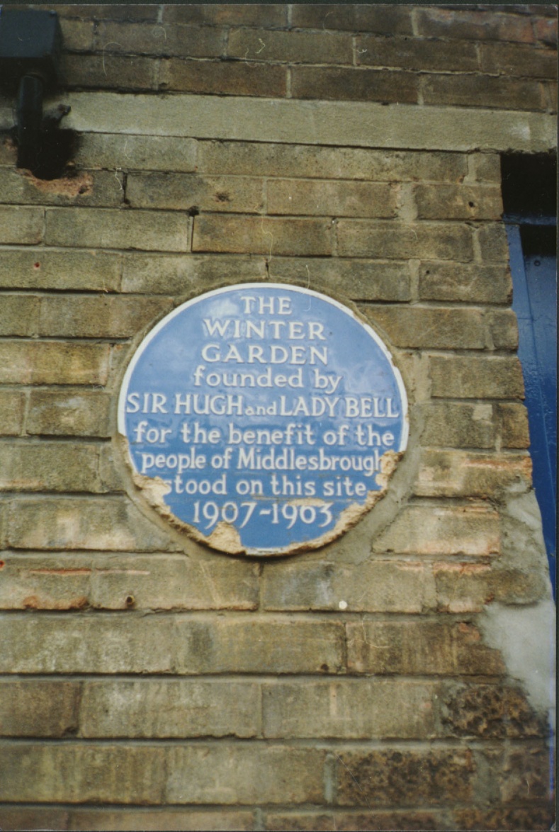 Blue plaque on the site of the former Winter Garden