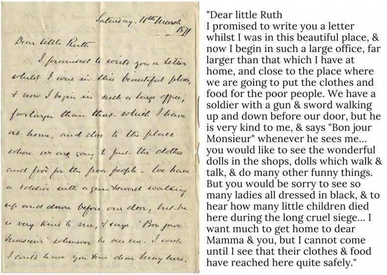 A letter to his 4-year-old daughter Ruth, from France, 1871 (1st p),